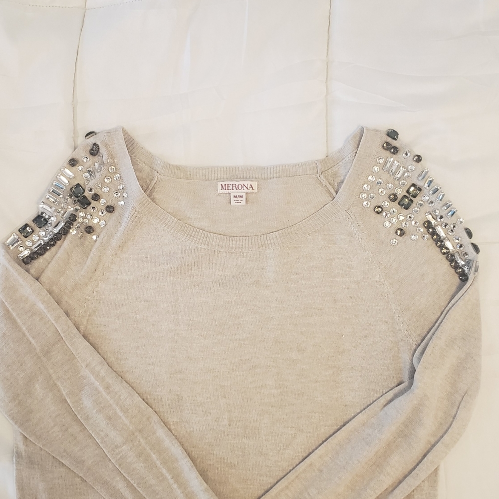Crew Neck Sweater with Jewels on The Shoulders